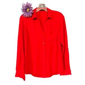 The Limited XS Womens Red Button-Up Blouse Roll-Tab Sleeves